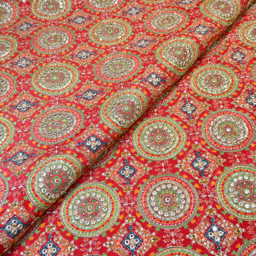Multi Color Crepe Position Print Zari Sequence Embroidery Fabric