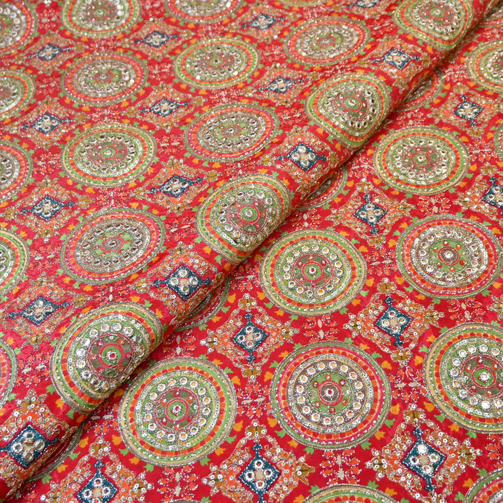 Multi Color Crepe Position Print Zari Sequence Embroidery Fabric