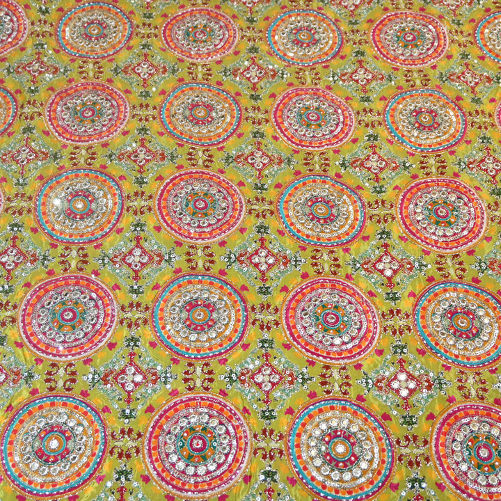 Multi Color Crepe Position Print Zari Sequence Embroidery Fabric