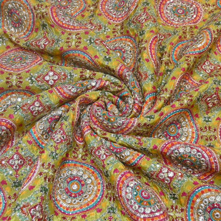 Multi Color Crepe Position Print Zari Sequence Embroidery Fabric
