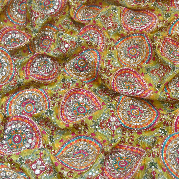 Multi Color Crepe Position Print Zari Sequence Embroidery Fabric
