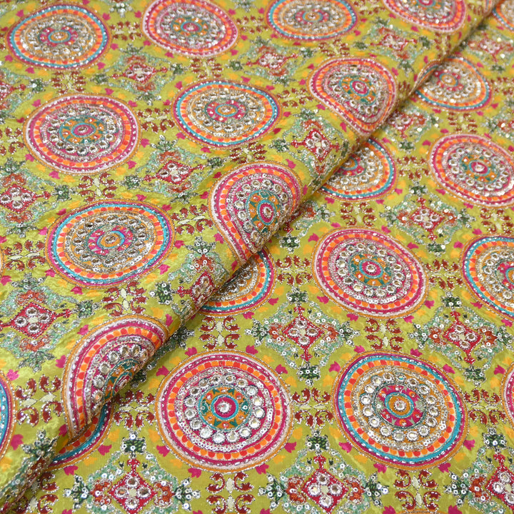 Multi Color Crepe Position Print Zari Sequence Embroidery Fabric