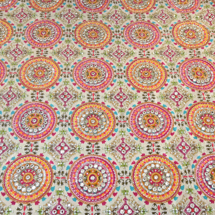 Multi Color Crepe Position Print Zari Sequence Embroidery Fabric