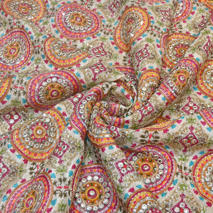 Multi Color Crepe Position Print Zari Sequence Embroidery Fabric