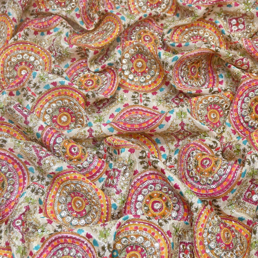 Multi Color Crepe Position Print Zari Sequence Embroidery Fabric