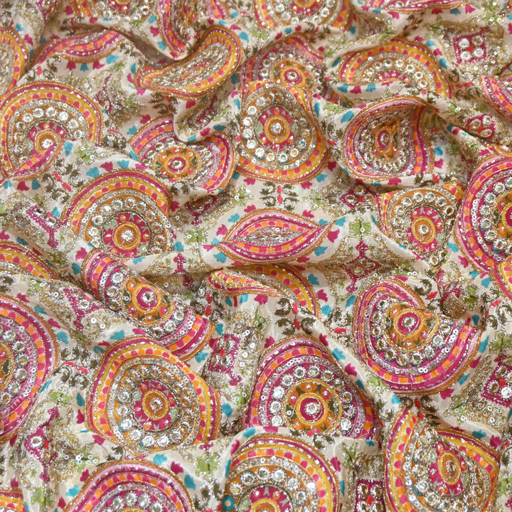 Multi Color Crepe Position Print Zari Sequence Embroidery Fabric