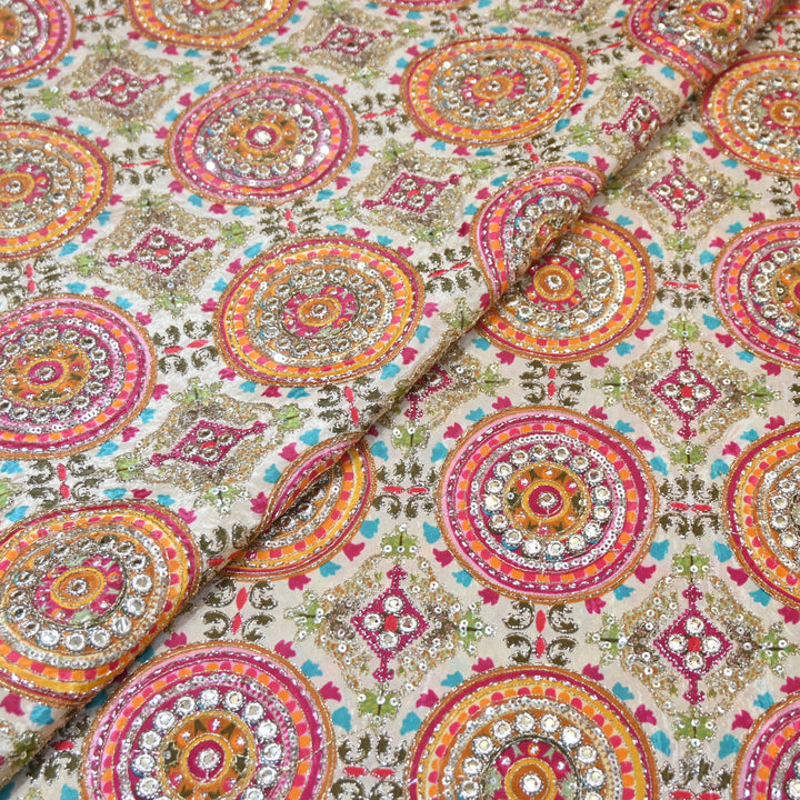 Multi Color Crepe Position Print Zari Sequence Embroidery Fabric