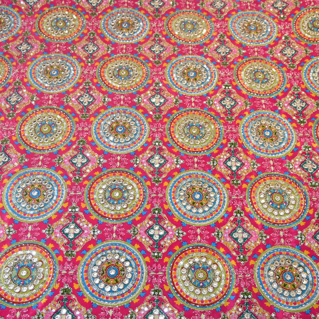 Multi Color Crepe Position Print Zari Sequence Embroidery Fabric