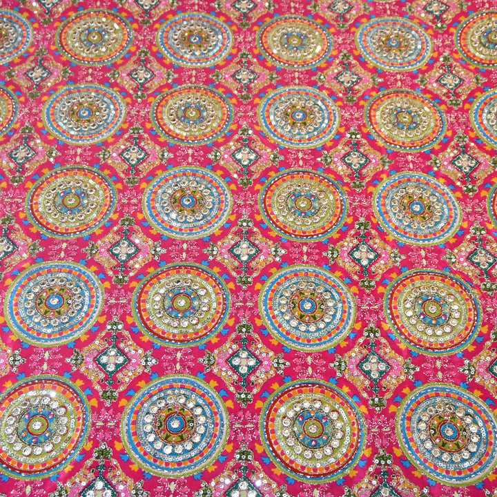 Multi Color Crepe Position Print Zari Sequence Embroidery Fabric