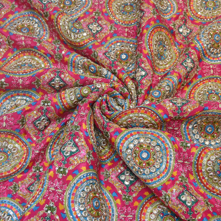 Multi Color Crepe Position Print Zari Sequence Embroidery Fabric