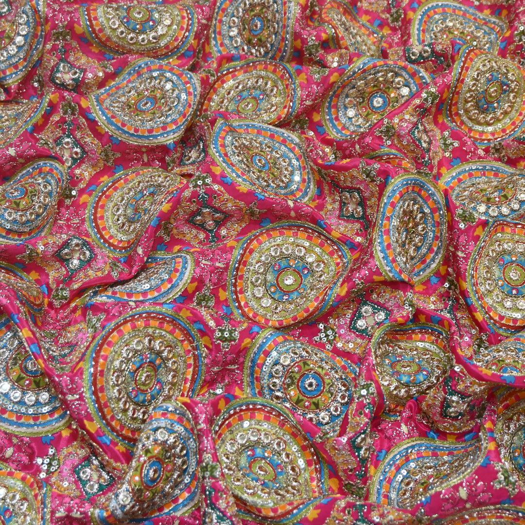 Multi Color Crepe Position Print Zari Sequence Embroidery Fabric