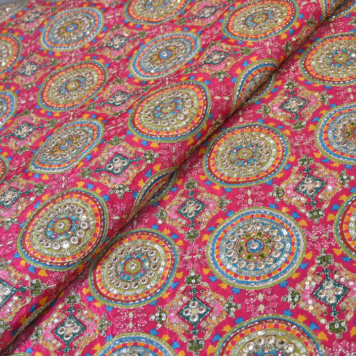 Multi Color Crepe Position Print Zari Sequence Embroidery Fabric