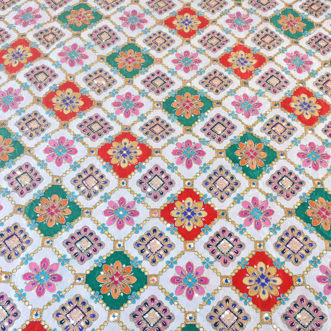 Multi Color Crepe Position Print Zari Sequence Embroidery Fabric NF3134-1