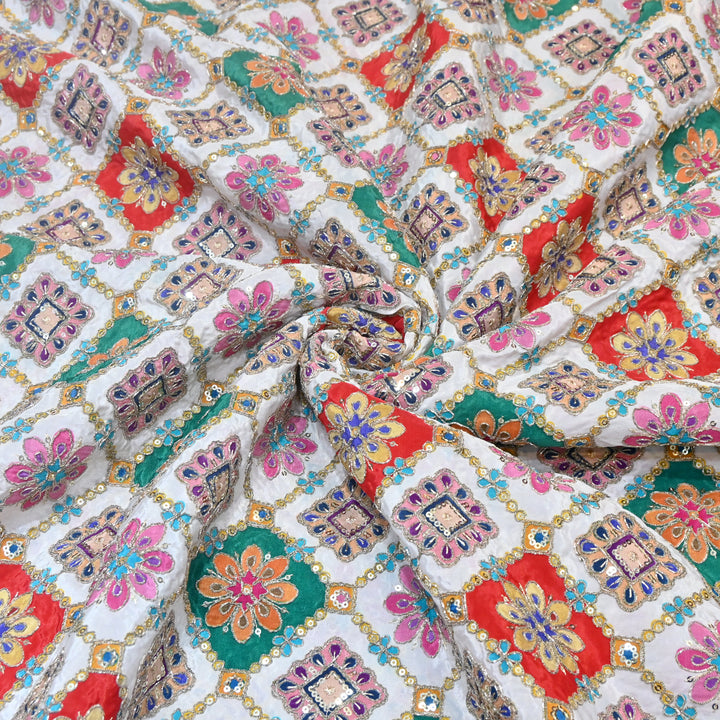 Multi Color Crepe Position Print Zari Sequence Embroidery Fabric NF3134-1