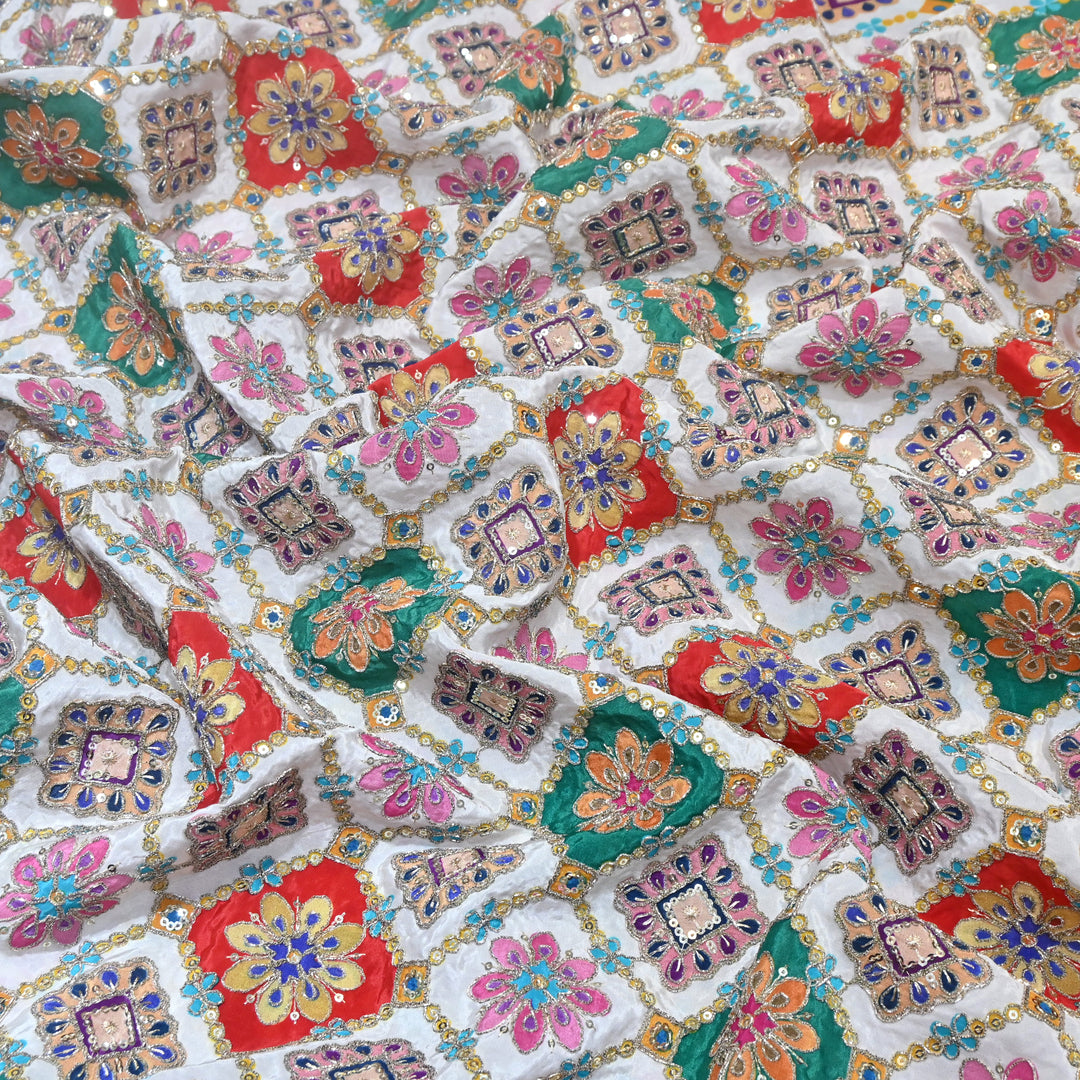 Multi Color Crepe Position Print Zari Sequence Embroidery Fabric NF3134-1