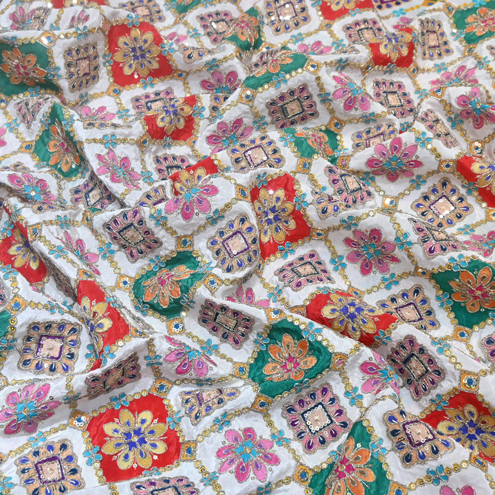 Multi Color Crepe Position Print Zari Sequence Embroidery Fabric NF3134-1