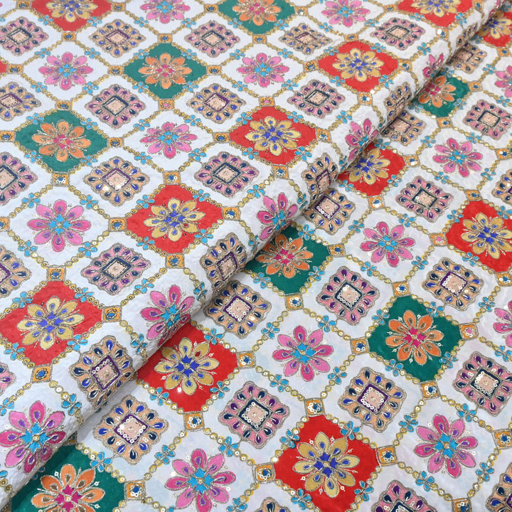 Multi Color Crepe Position Print Zari Sequence Embroidery Fabric NF3134-1