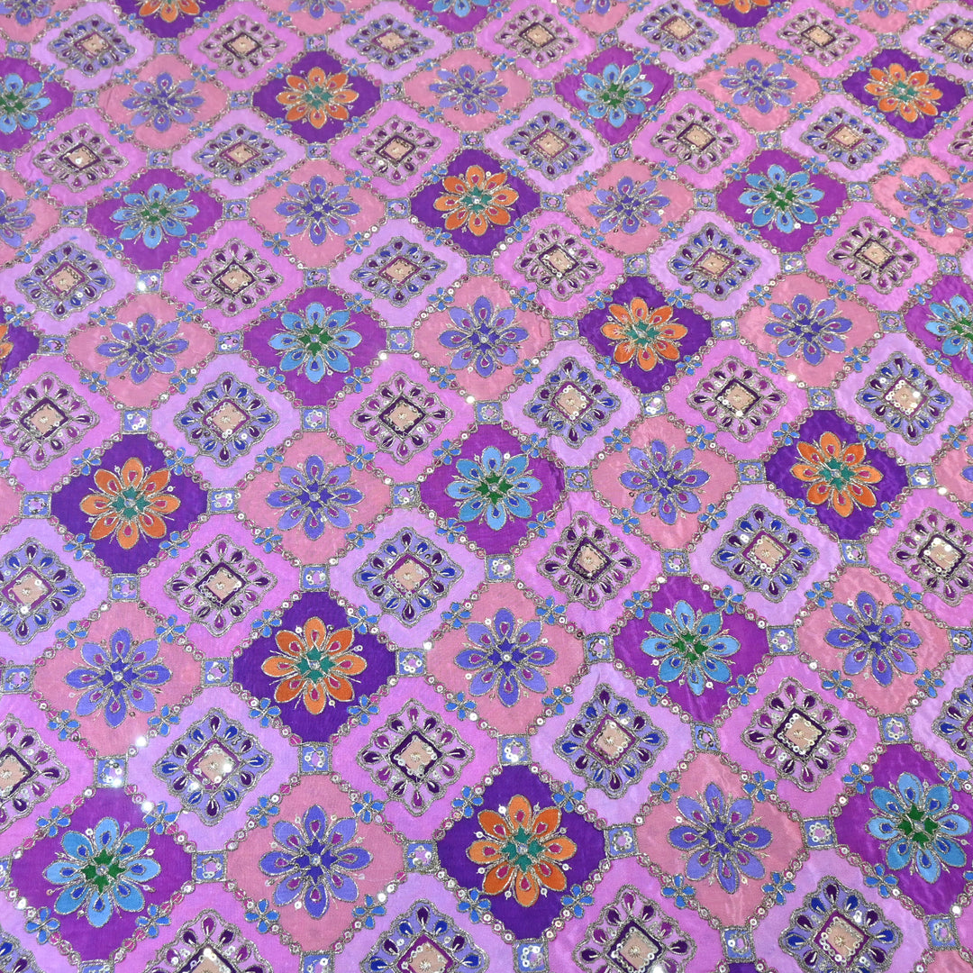 Multi Color Crepe Position Print Zari Sequence Embroidery Fabric NF3134-2