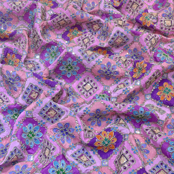 Multi Color Crepe Position Print Zari Sequence Embroidery Fabric NF3134-2