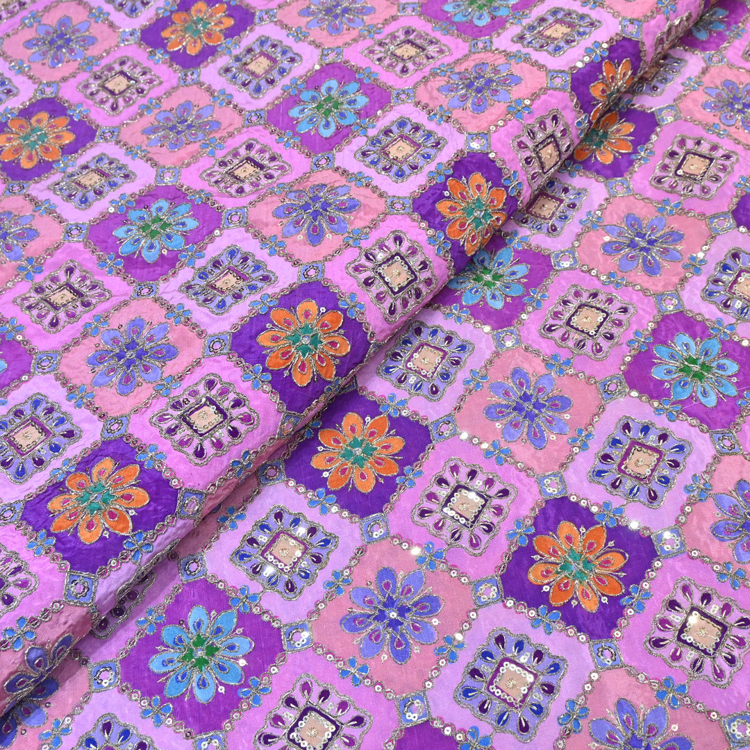 Multi Color Crepe Position Print Zari Sequence Embroidery Fabric NF3134-2