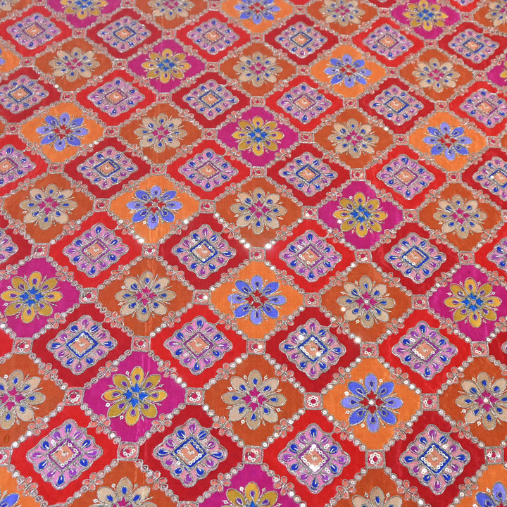 Multi Color Crepe Position Print Zari Sequence Embroidery Fabric NF3134-3