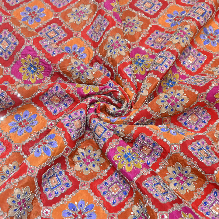 Multi Color Crepe Position Print Zari Sequence Embroidery Fabric NF3134-3