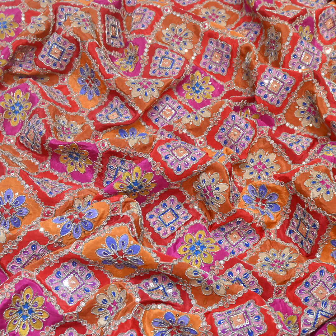 Multi Color Crepe Position Print Zari Sequence Embroidery Fabric NF3134-3