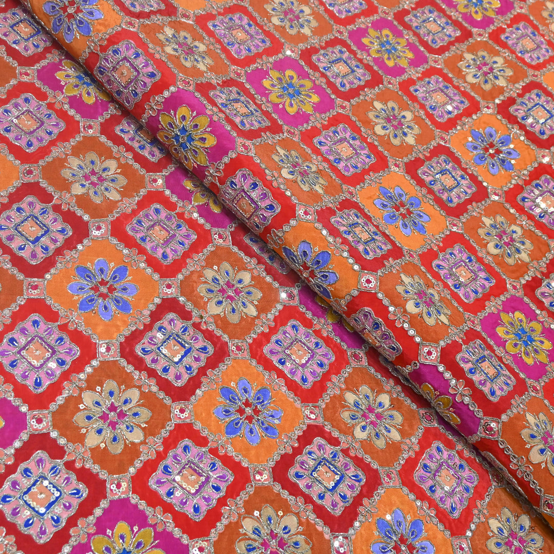 Multi Color Crepe Position Print Zari Sequence Embroidery Fabric NF3134-3