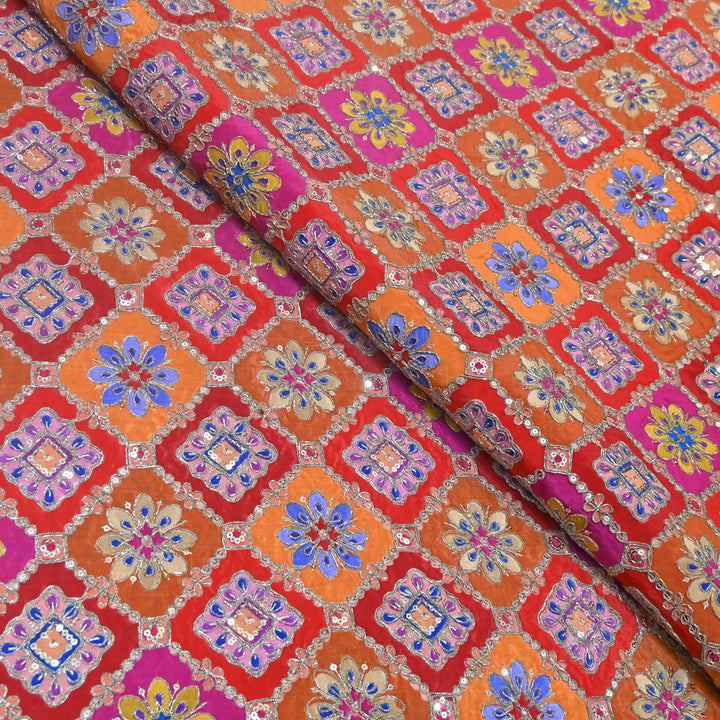 Multi Color Crepe Position Print Zari Sequence Embroidery Fabric NF3134-3