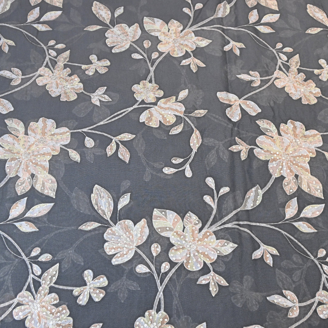 Grey Color Mul Chanderi Position Print Sequins Embroidery Fabric V1933C-1