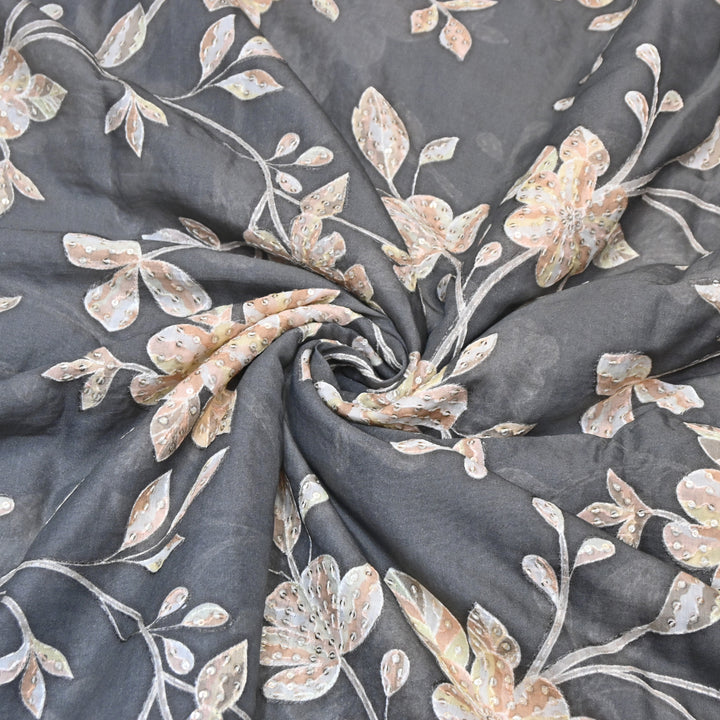 Grey Color Mul Chanderi Position Print Sequins Embroidery Fabric V1933C-1