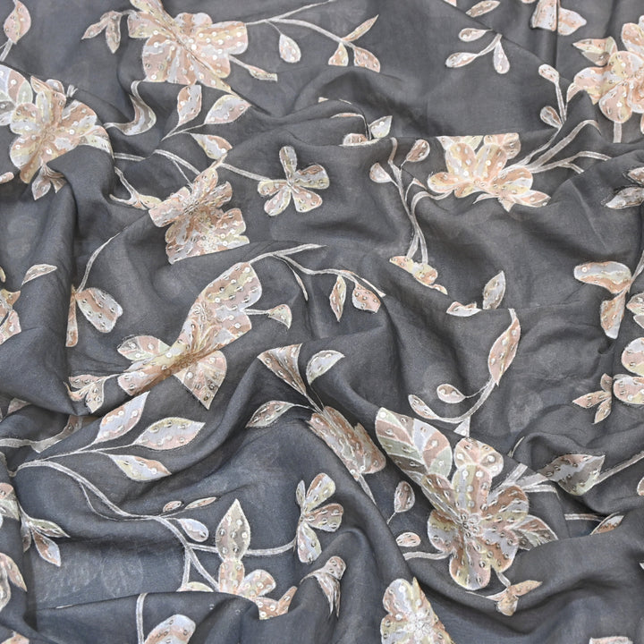 Grey Color Mul Chanderi Position Print Sequins Embroidery Fabric V1933C-1