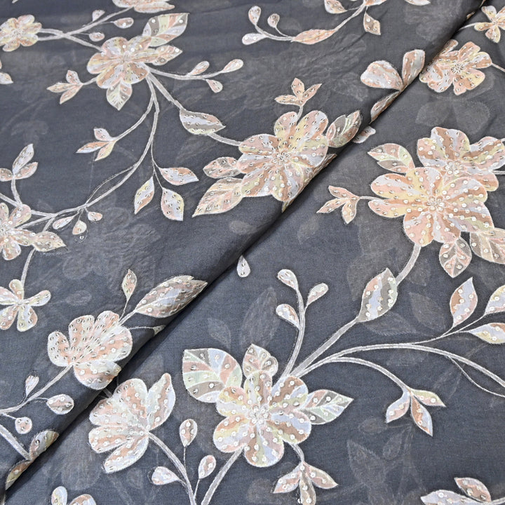 Grey Color Mul Chanderi Position Print Sequins Embroidery Fabric V1933C-1