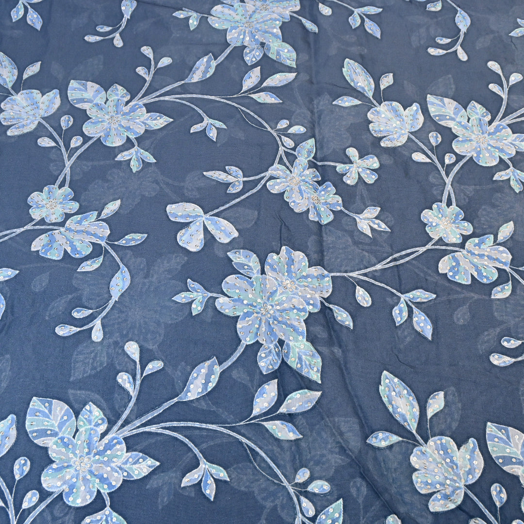 Blue Grey Color Mul Chanderi Position Print Sequins Embroidery Fabric V1933C-4