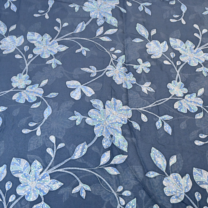 Blue Grey Color Mul Chanderi Position Print Sequins Embroidery Fabric V1933C-4