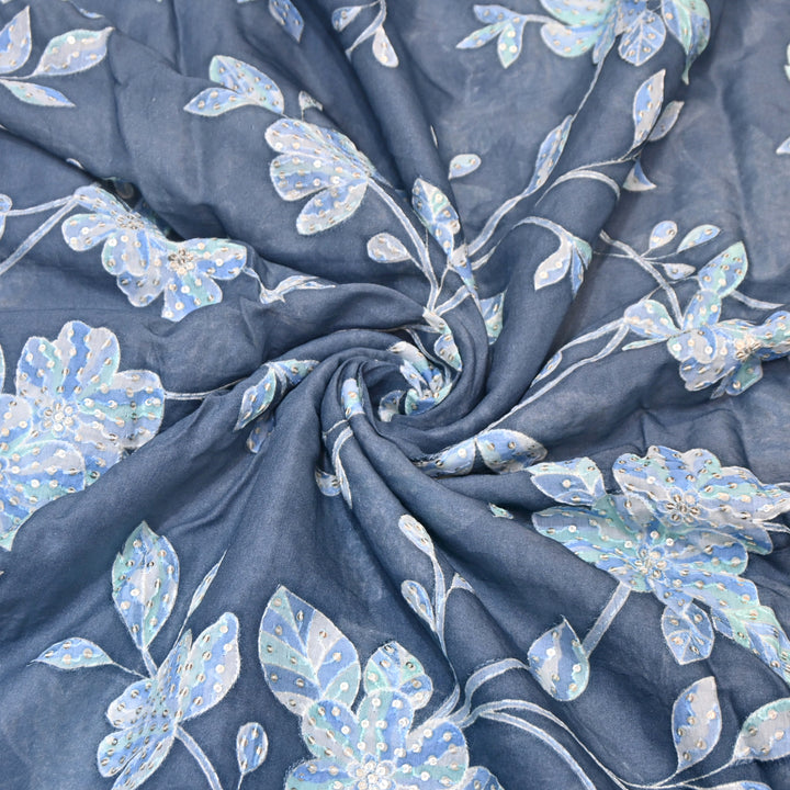 Blue Grey Color Mul Chanderi Position Print Sequins Embroidery Fabric V1933C-4
