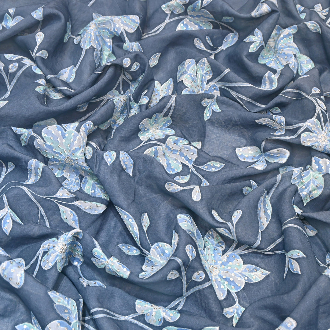 Blue Grey Color Mul Chanderi Position Print Sequins Embroidery Fabric V1933C-4