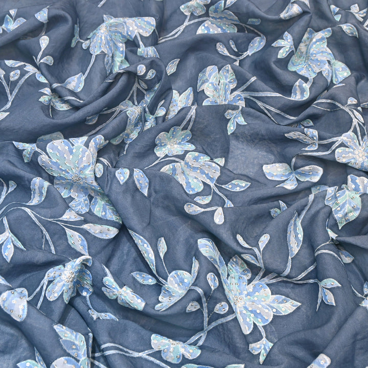 Blue Grey Color Mul Chanderi Position Print Sequins Embroidery Fabric V1933C-4