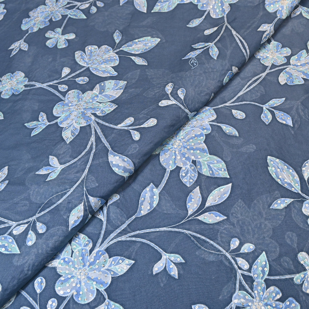 Blue Grey Color Mul Chanderi Position Print Sequins Embroidery Fabric V1933C-4