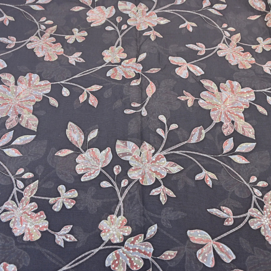 Davy Grey Color Mul Chanderi Position Print Sequins Embroidery Fabric V1933C-3