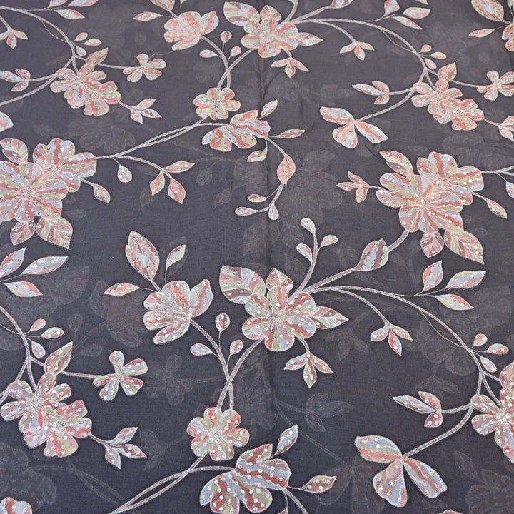 Davy Grey Color Mul Chanderi Position Print Sequins Embroidery Fabric V1933C-3