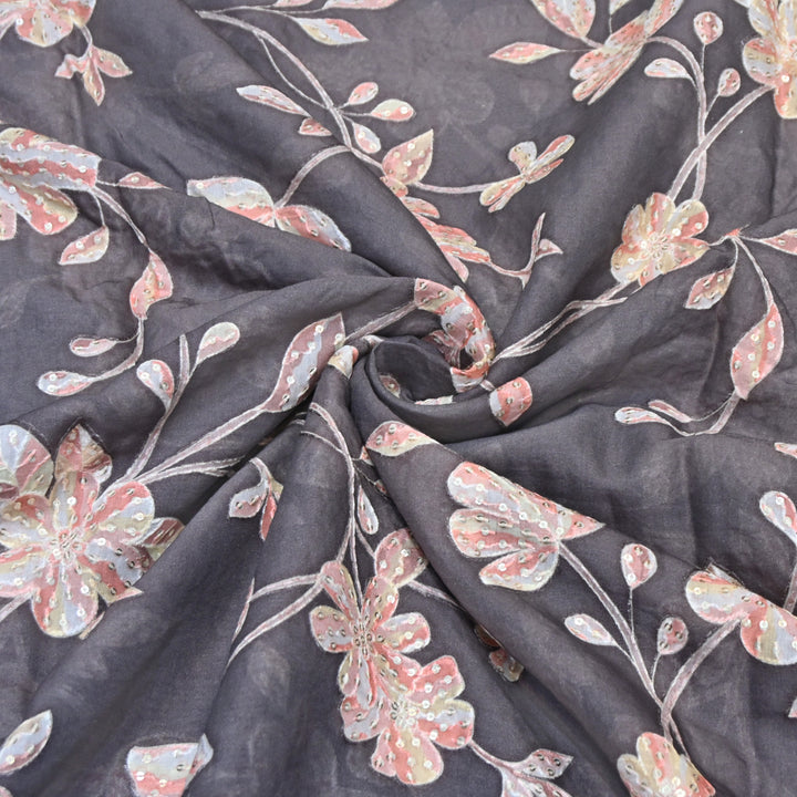 Davy Grey Color Mul Chanderi Position Print Sequins Embroidery Fabric V1933C-3