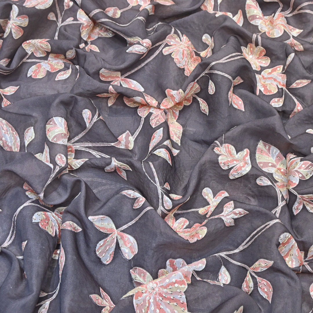 Davy Grey Color Mul Chanderi Position Print Sequins Embroidery Fabric V1933C-3