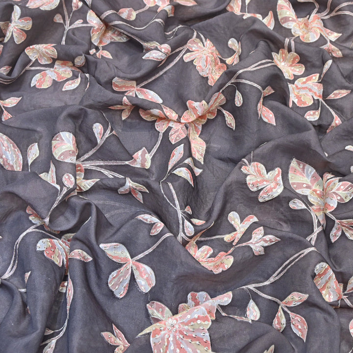 Davy Grey Color Mul Chanderi Position Print Sequins Embroidery Fabric V1933C-3