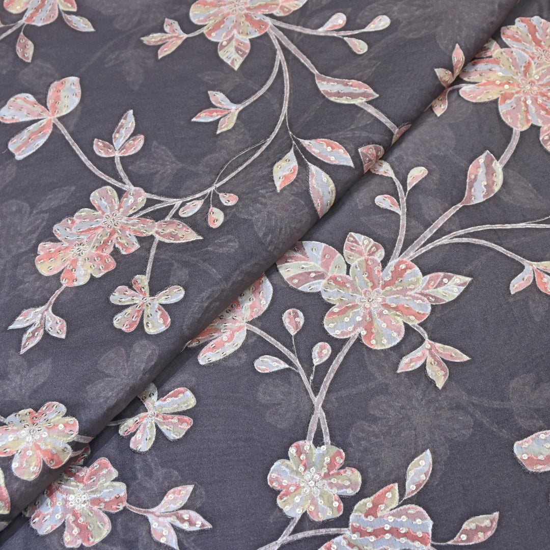 Davy Grey Color Mul Chanderi Position Print Sequins Embroidery Fabric V1933C-3