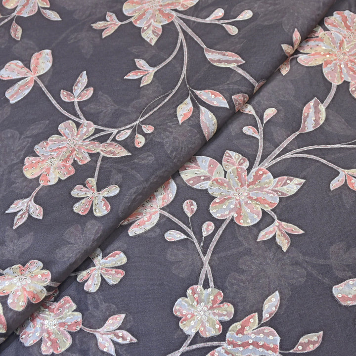 Davy Grey Color Mul Chanderi Position Print Sequins Embroidery Fabric V1933C-3