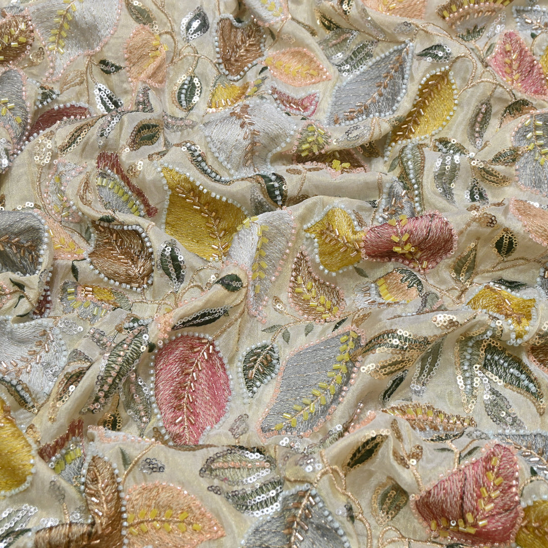 Dyeable Tissue Hand Embroidered Fabric with Pearl & Sequins Work V1032C