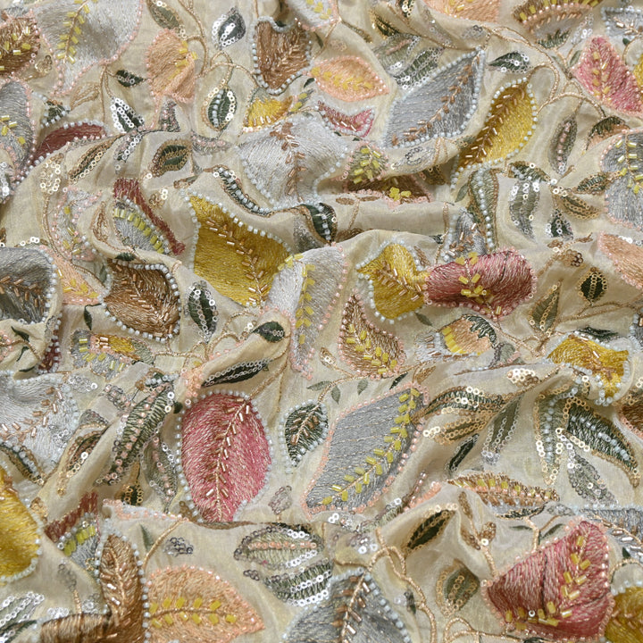 Dyeable Tissue Hand Embroidered Fabric with Pearl & Sequins Work V1032C