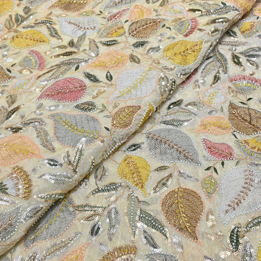 Dyeable Tissue Hand Embroidered Fabric with Pearl & Sequins Work V1032C