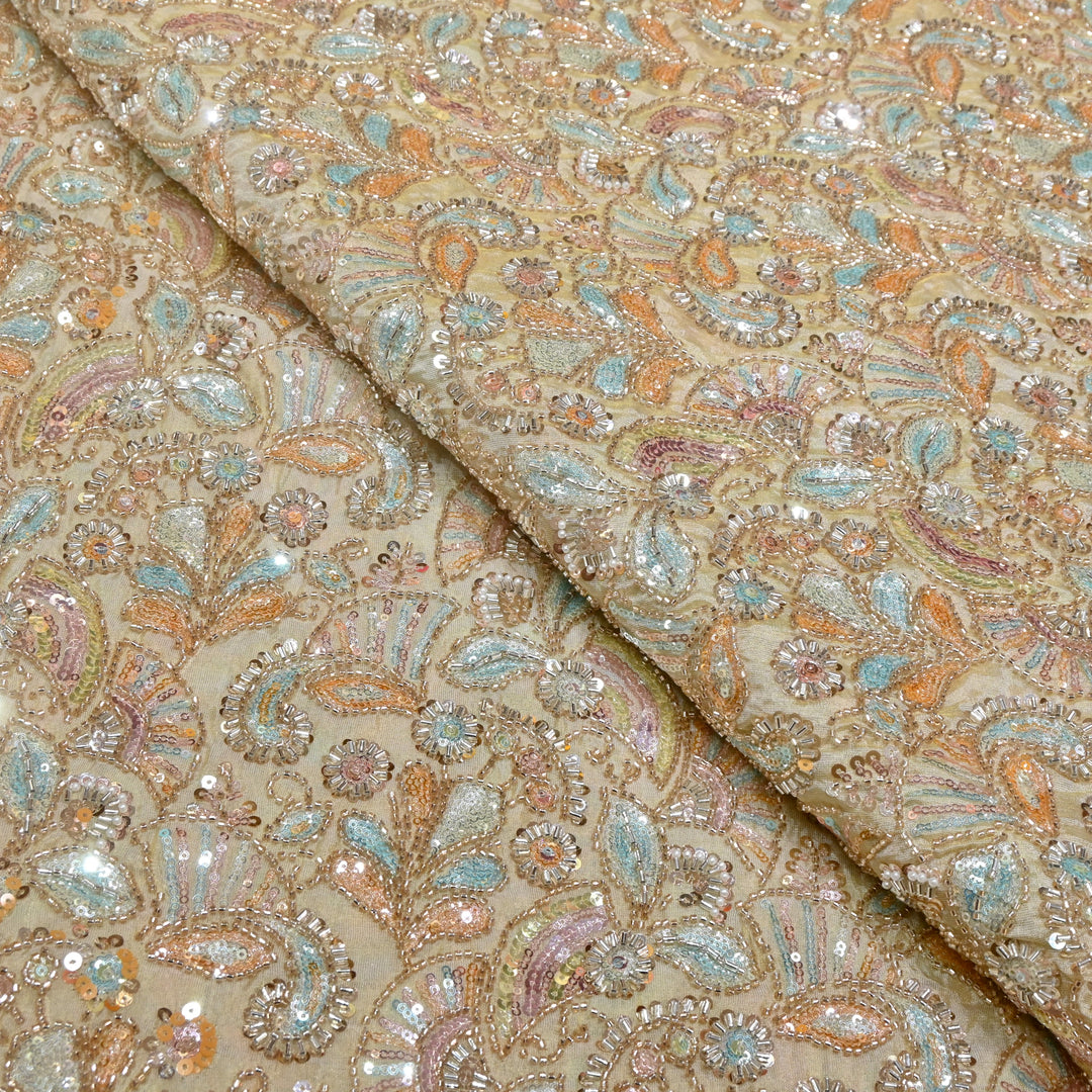Dyeable Tissue Hand Embroidered Fabric with Pearl & Sequins Work AC11061